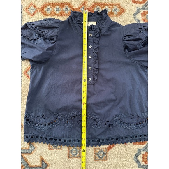 Sea New York Santos Eyelet Blouse Navy Blue Ruffle Puff Sleeve Cotton Top Small - Picture 6 of 8